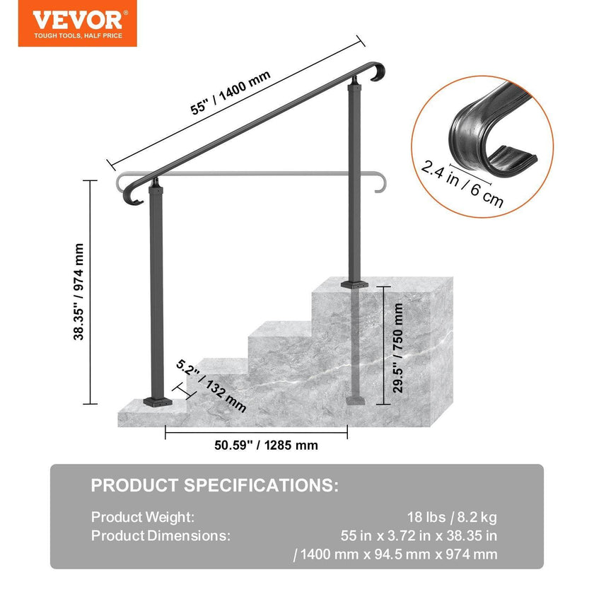 Handrails For Outdoor Steps, Fit 3-5 Steps Outdoor Stair Railing, Wrought Iron Handrail, Flexible Front Porch Hand Rail, Black Transitional Hand Railings For Concrete Steps Or Wooden Stairs