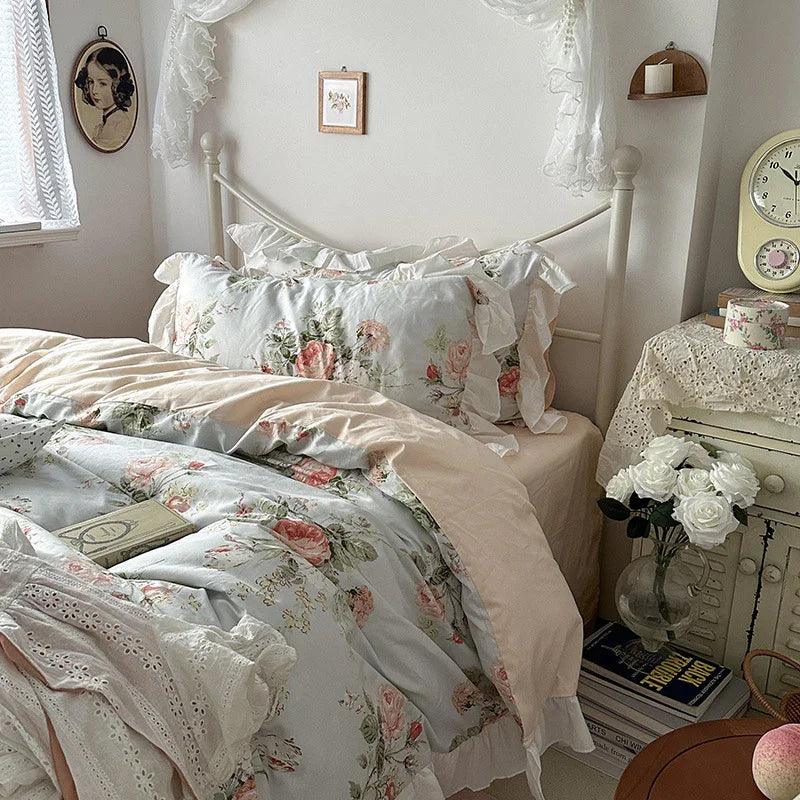 Princess Style Ruffled Pure Cotton Floral Duvet Cover Bedding Set