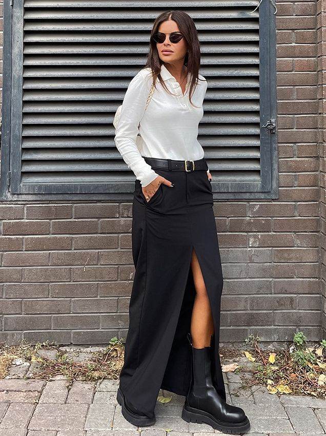 Women's Retro Casual Black High Waist Long front Split Skirt