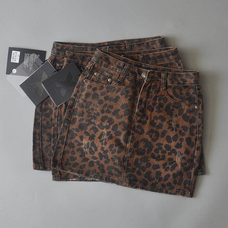 Leopard Print Mini Denim Skirt Women's High Waist Pencil Skirt