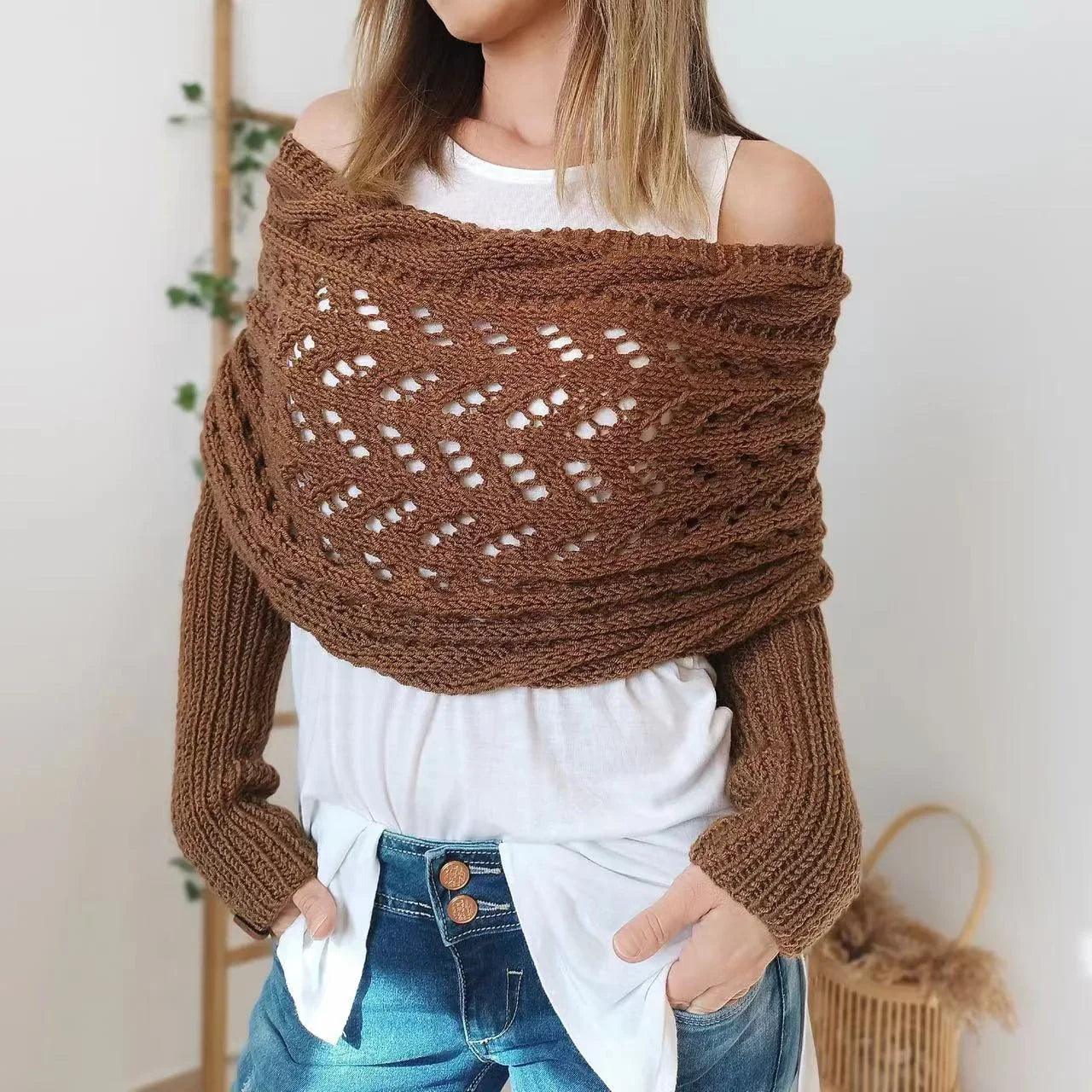 Autumn And Winter Warm Knitted Shawl top Women's Hollowed-out Double Sleeve