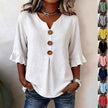 Summer Ruffled-Sleeve Top Loose Casual V-Neck Buttons Short-sleeved Shirts Women's Clothing
