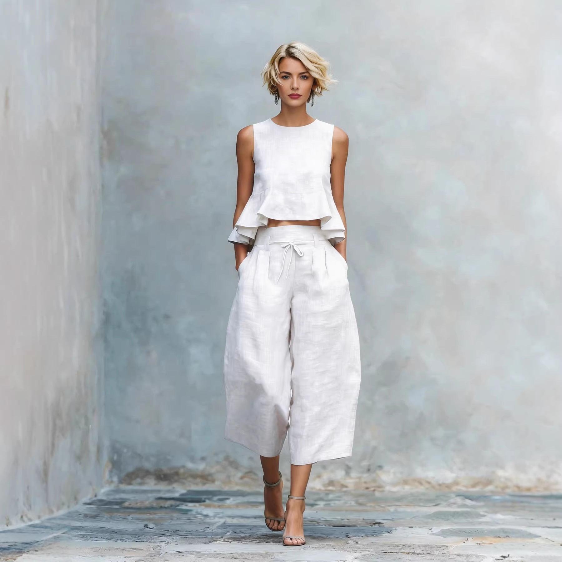 Women's 2 Piece Casual Linen Outfit Ruffle Top & Wide-Leg Pants