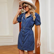 Women's Washed Belt button down Denim jeans mini short sleeve Dress