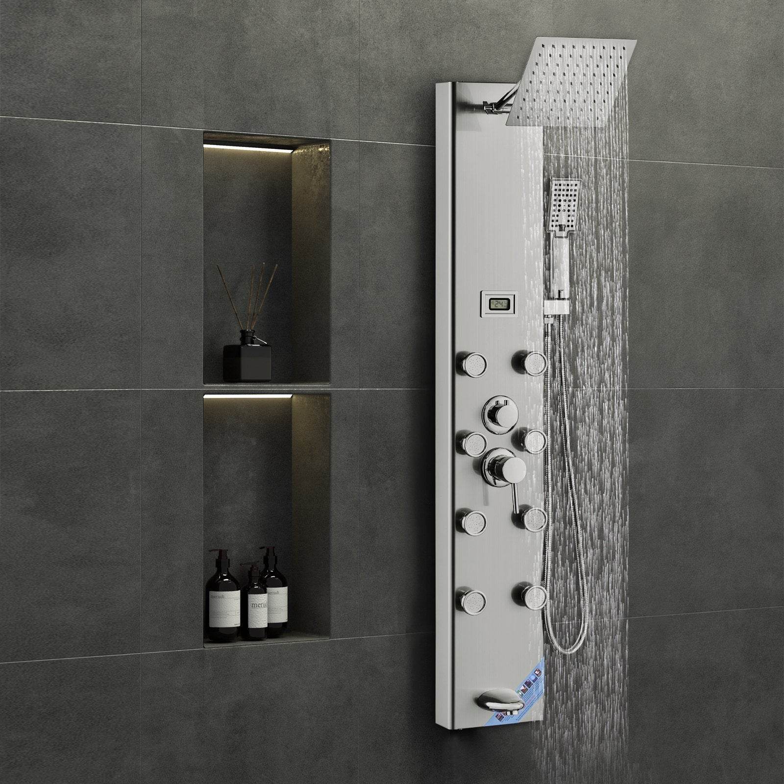 Shower Panel System, 5 Shower Modes, Digital Display Shower Panel Tower, Rainfall, 8 Massage Jets, Tub Spout, 3-Setting Handheld Shower Head 59 Hose, Stainless Steel Wall-Mounted Shower Set