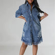 Women's Fashion 3/4 sleeve Mid Length loose Denim Jeans Dress