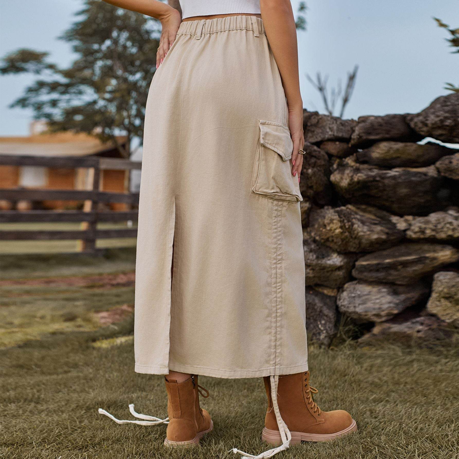 American-style Casual Denim Drawstring Midi Cargo Skirt