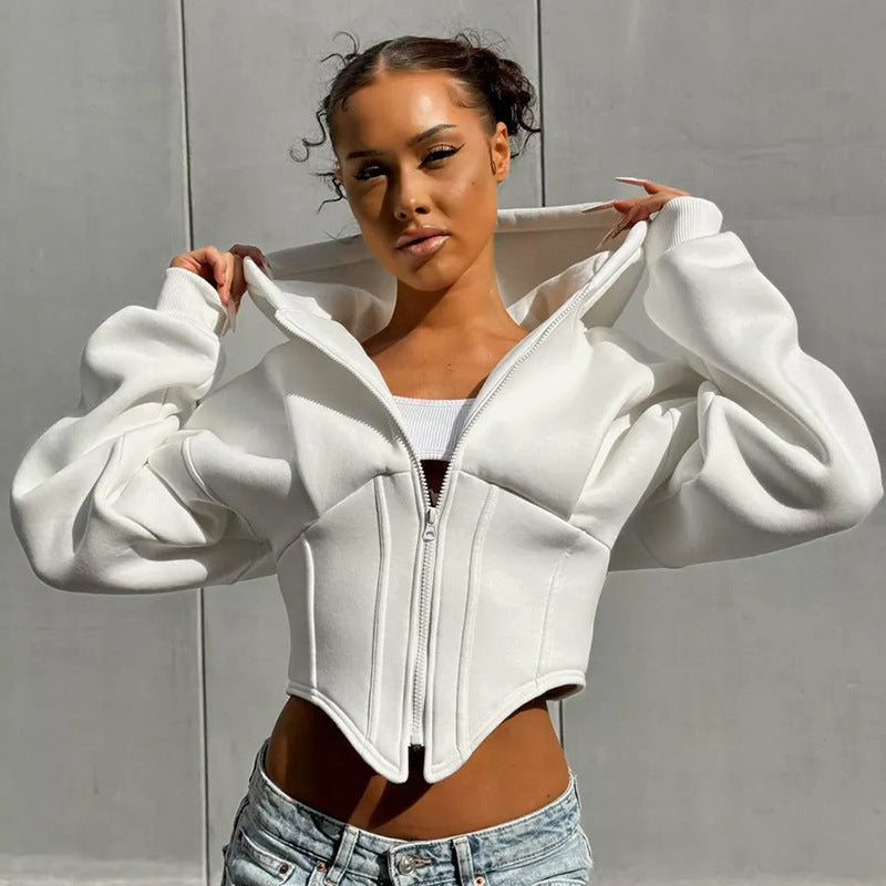Y2K Slim-Fit Zip-Up Corset Hoodie – Long Sleeve Street Fashion Cardigan in Grey & White (S–L)