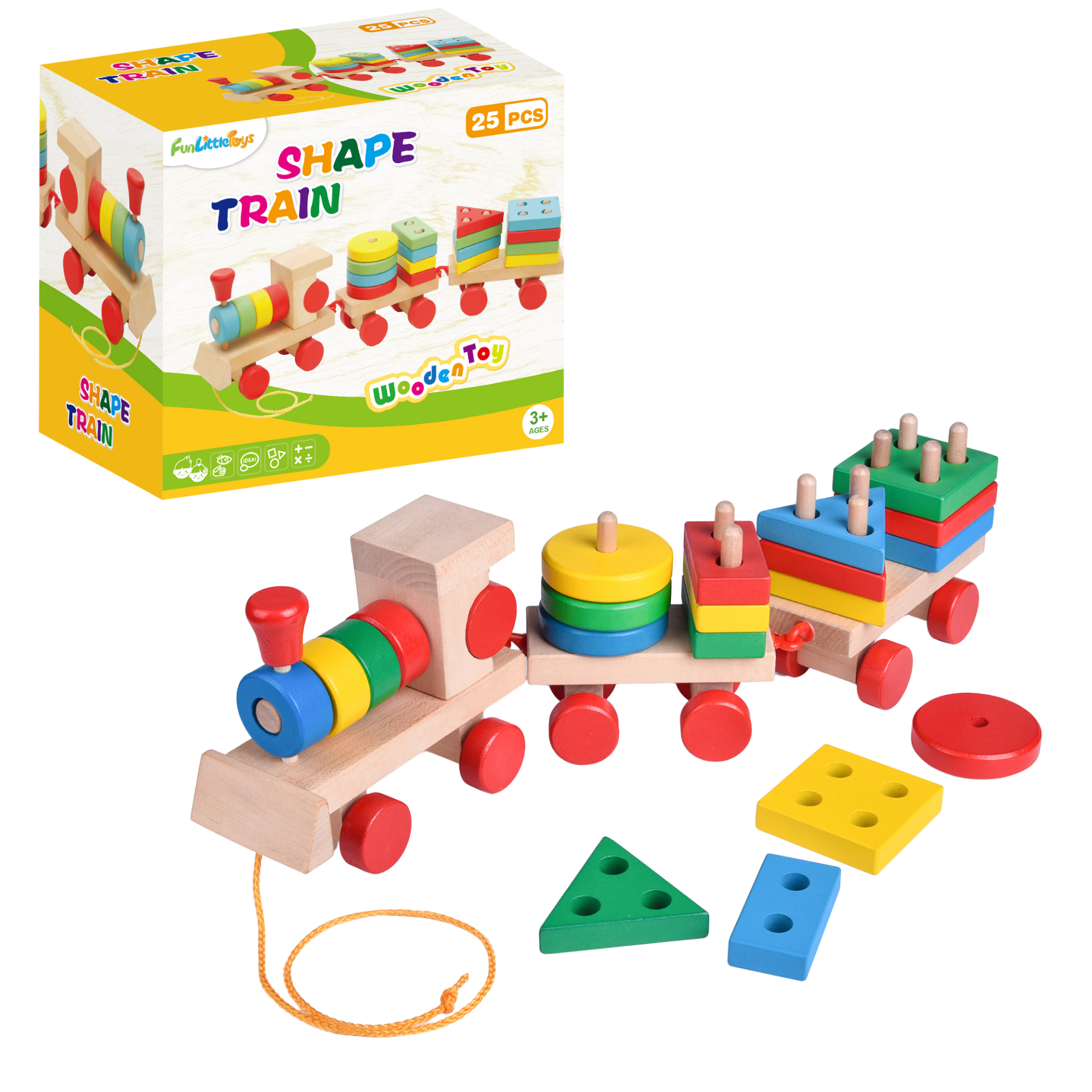 Fun Little Toys - Wooden Train Shape Sorter and Stacking Toy 25 Pcs