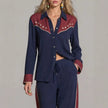 Women's Western Colorblock Lapel Shirt & Wide-Leg Pants Two-Piece Set – Navy Blue | Canada & USA