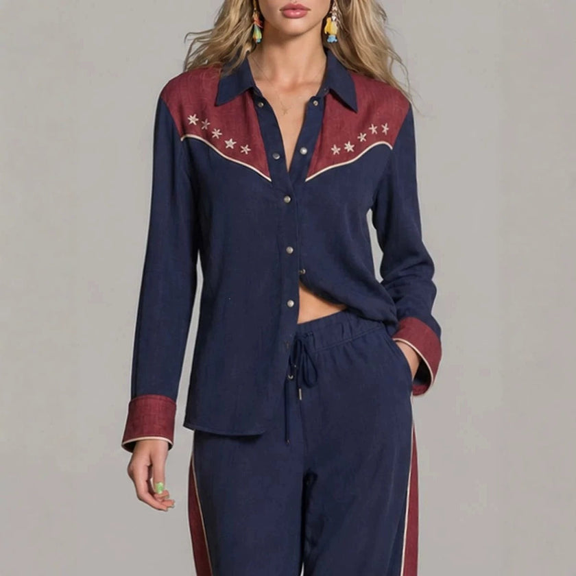 Women's Western Colorblock Lapel Shirt & Wide-Leg Pants Two-Piece Set – Navy Blue | Canada & USA