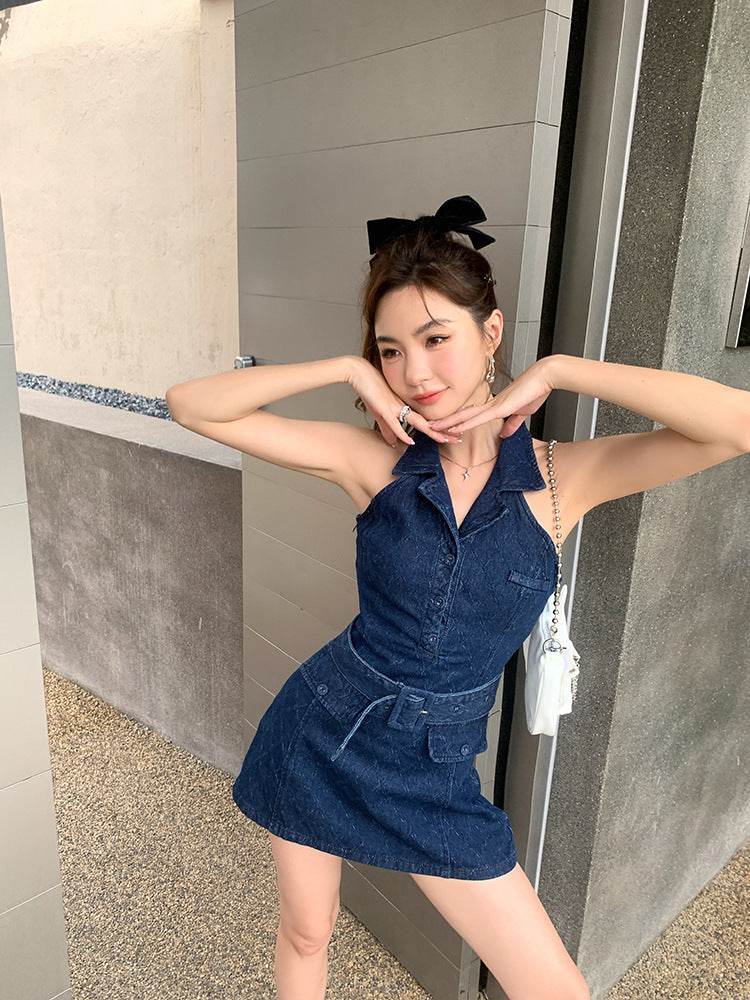 Mini Sleeveless Sheath Denim jeans halter neck Dress