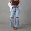 Ripped Raw-Hem High Waist Straight-Leg Jeans for Women – Casual Washed Denim