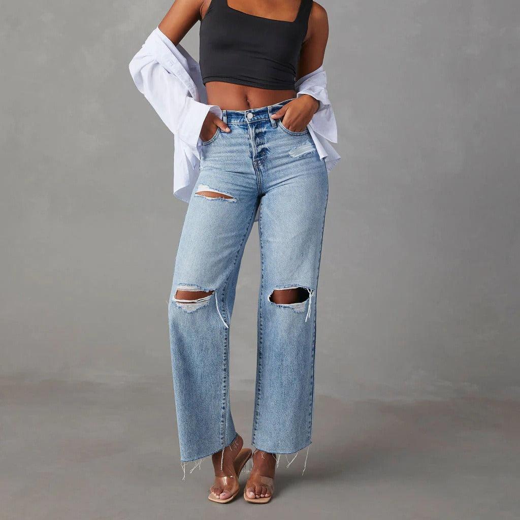 Ripped Raw-Hem High Waist Straight-Leg Jeans for Women – Casual Washed Denim