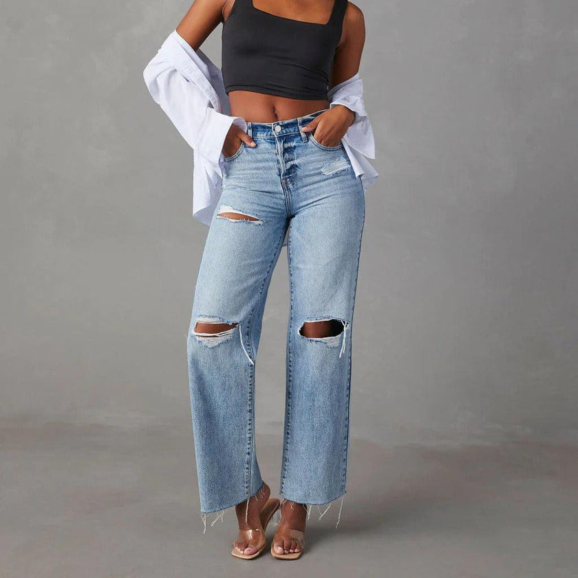 Ripped Raw-Hem High Waist Straight-Leg Jeans for Women – Casual Washed Denim