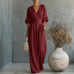 Women's Wide-Leg Jumpsuit High Waist Pleated Three-Quarter Sleeve Elegant Workwear
