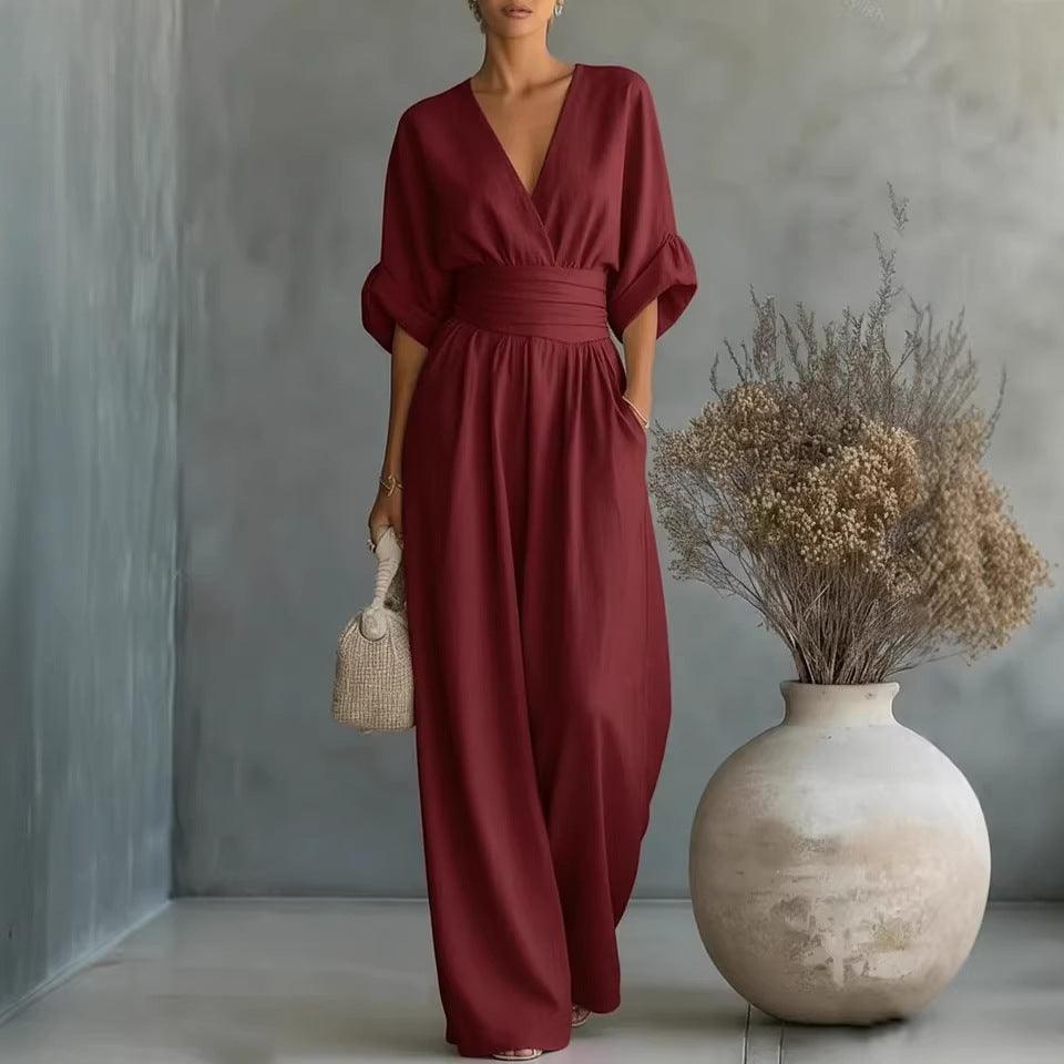 Women's Wide-Leg Jumpsuit High Waist Pleated Three-Quarter Sleeve Elegant Workwear