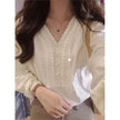 Women's V-Neck Crochet Linen Blouse – Long Sleeve Loose Boho Top