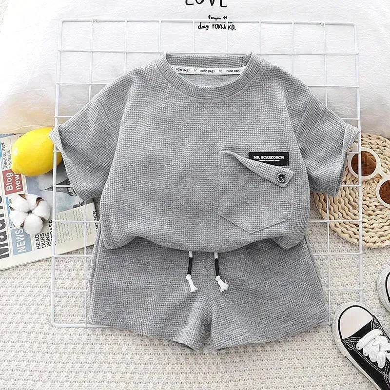 Children's Summer Clothing Casual Plain color Cotton Short Sleeve shirt and Short pant Two-piece Set