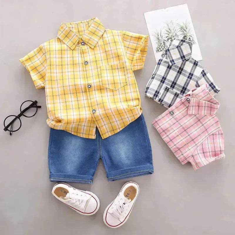 Children's Striped Shirt Denim Shorts Two-piece Set
