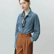 Blue Soft Denim Shirt Jacket Women's Long Sleeve Bandage Denim Dress Top