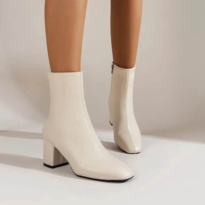 Winter Chunky Heel Pointed Toe Boots With Side Zipper Fashion Mid-calf Boot For Women Shoes