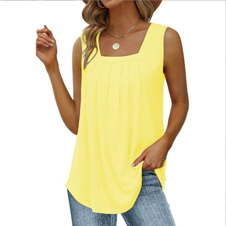 Summer cotton Tops For Women Loose Fit Pleated Square Neck Sleeveless Blouse Tops