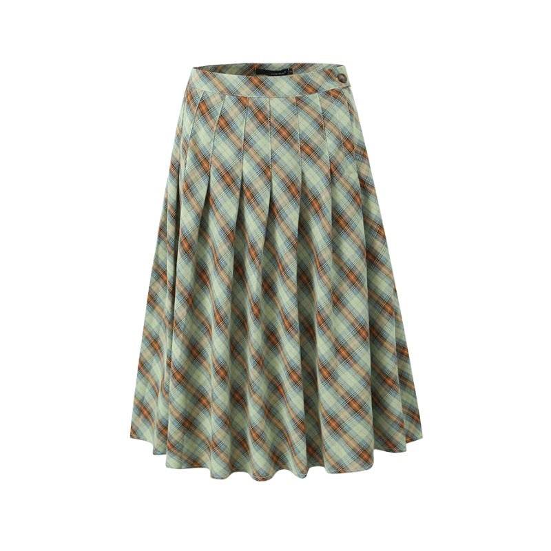 American Retro Low Waist Navel Plaid Pleated Long Skirt Women