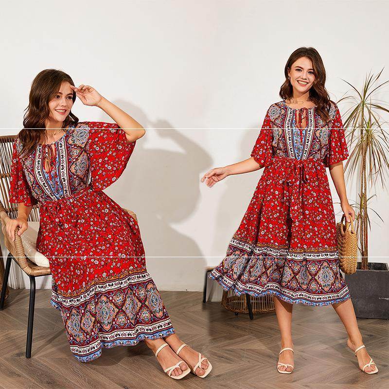 Modest Plus Size Summer dress V Neck Midi Beach boho Dress