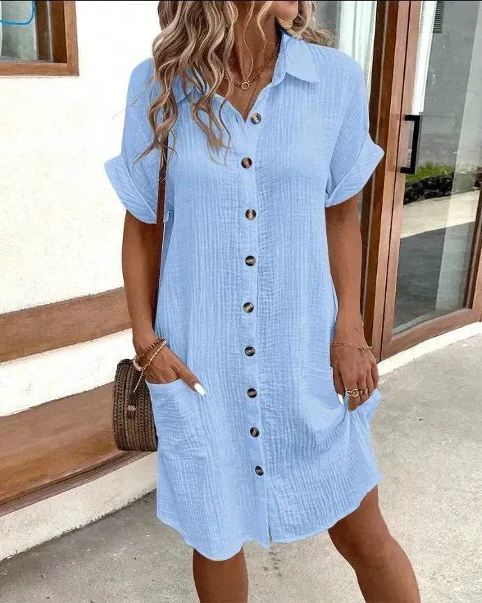 Womens Button Down Shirt Dress Summer Cotton Linen Dress V-Neck Mini Dress Casual Short Sleeve Loose Tunic Dresses