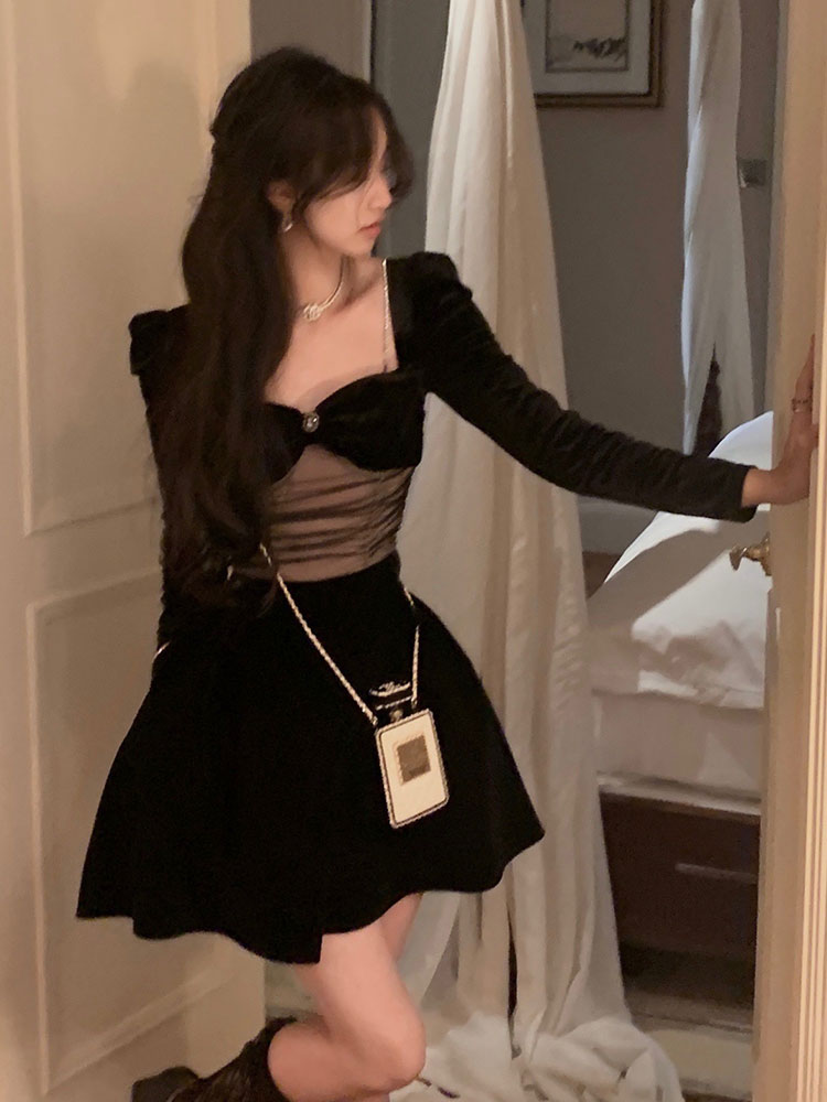 Women's Square-Neck Velvet Long Sleeve Mini Dress – High Waist Swing Skirt