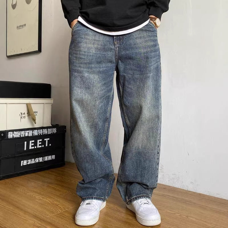 Heavyweight Washed Vintage Jeans – Unisex Baggy Straight-Leg Denim (M–8XL)