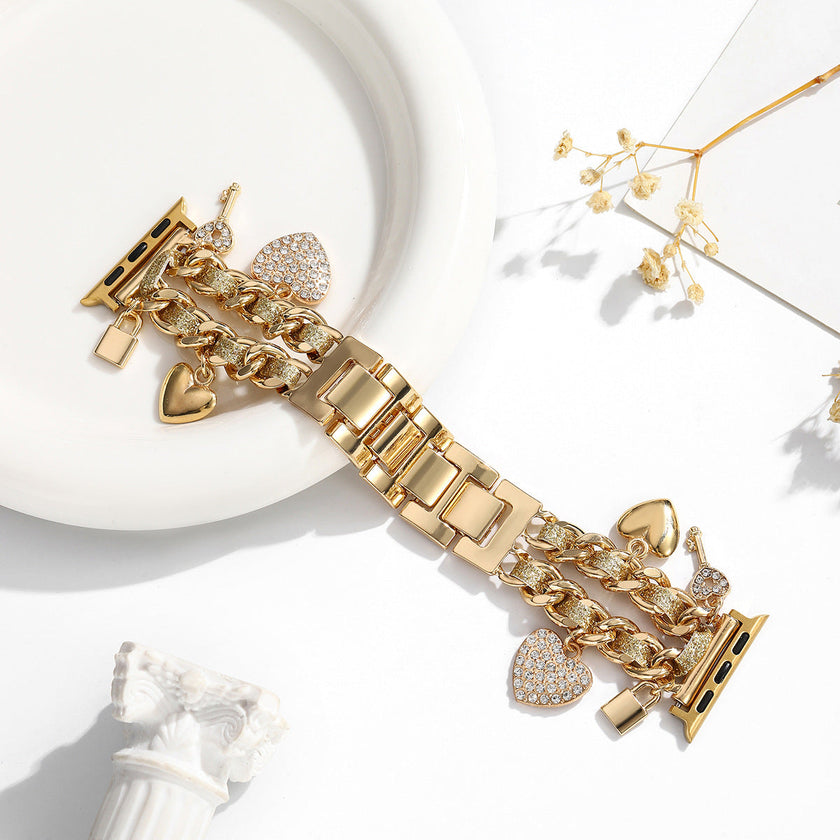 Gold Heart Pendant Apple Watch Strap for Women Alloy Decorative Band