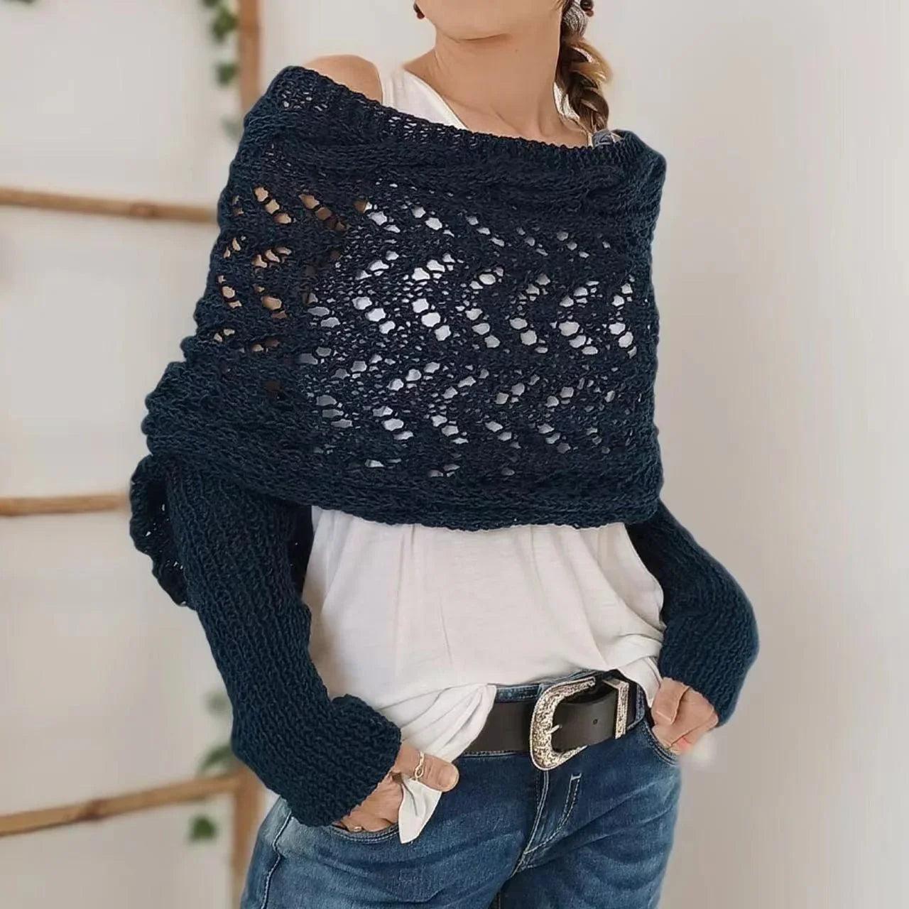 Autumn And Winter Warm Knitted Shawl top Women's Hollowed-out Double Sleeve