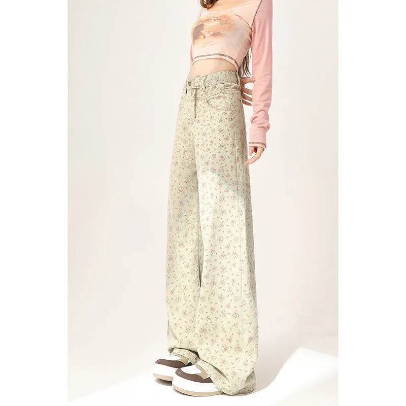 Mint Mambo Green Floral Baggy Jeans Pant For Women