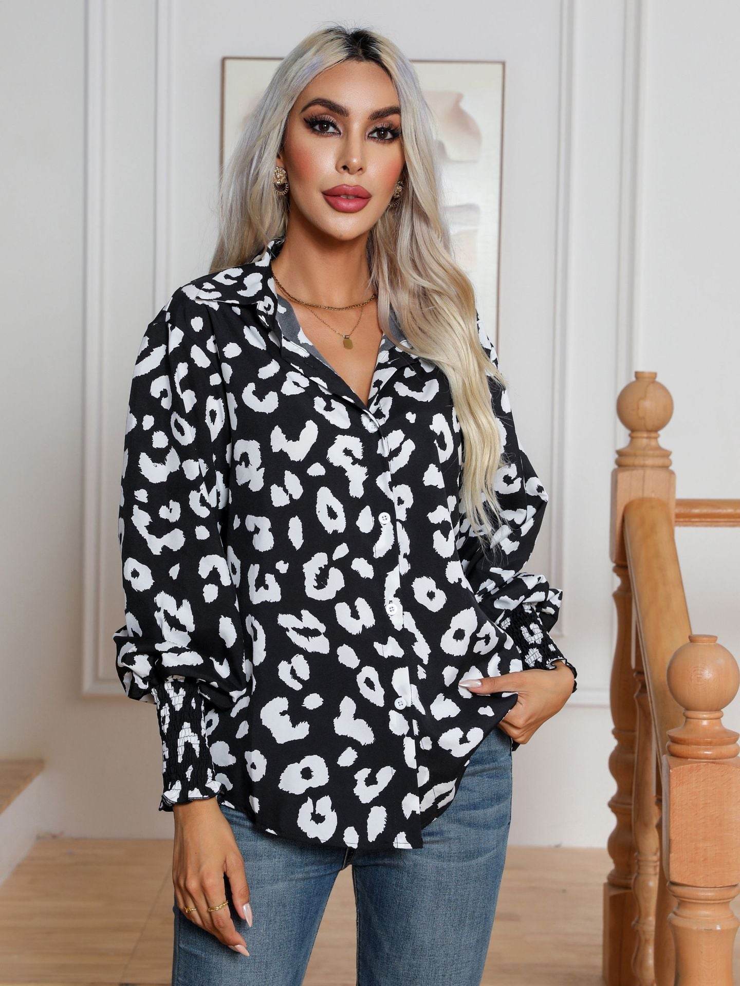 Leopard Print Lantern Sleeve Blouse Shirt top for Women