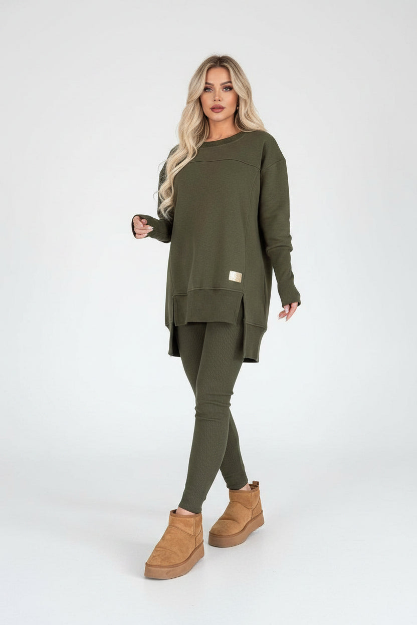 Women's Slit Long Sleeve Top & Trousers Two-Piece Set | White, Black, Army Green, Reddish Brown | S–XXXL