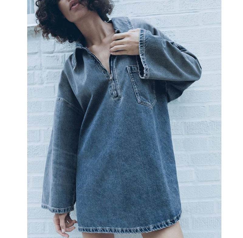 Lapel Patch Pocket Bell Sleeve Denim Dress