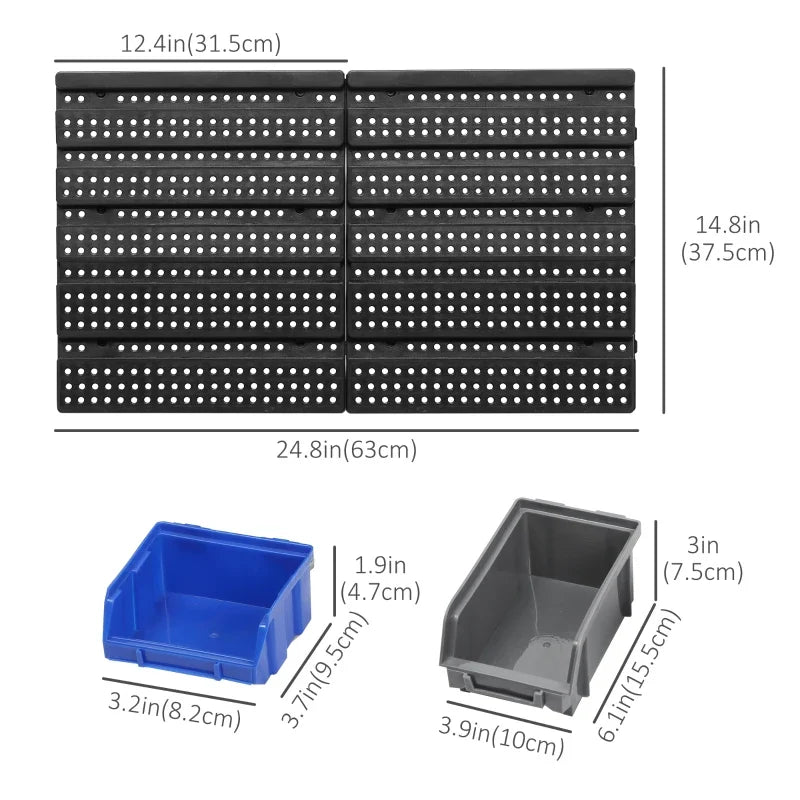 Wall Mounted Storage Bin Rack Tool Organizer with 30 Bins, Pegboard for Garage Workshops Blue