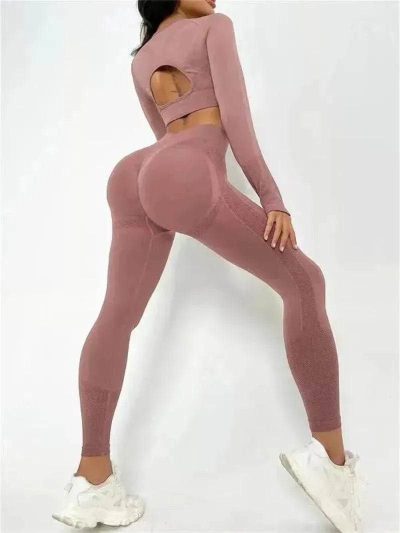 Fitness Leggings Sports Gym Sportswear Outfits Clothing 2pcs Sports Suits Long Sleeve Hollow Design