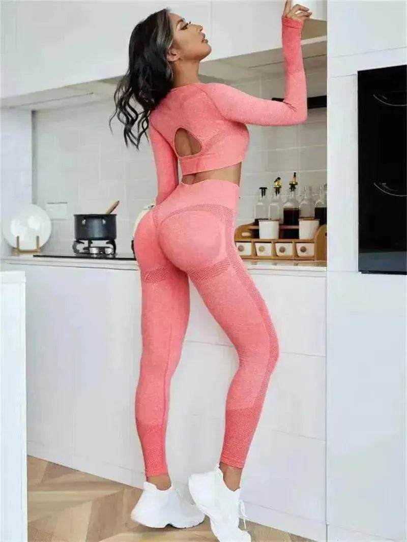 Fitness Leggings Sports Gym Sportswear Outfits Clothing 2pcs Sports Suits Long Sleeve Hollow Design