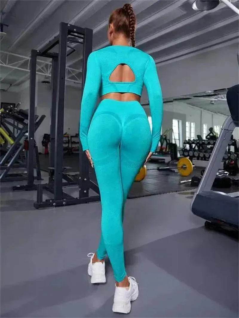 Fitness Leggings Sports Gym Sportswear Outfits Clothing 2pcs Sports Suits Long Sleeve Hollow Design