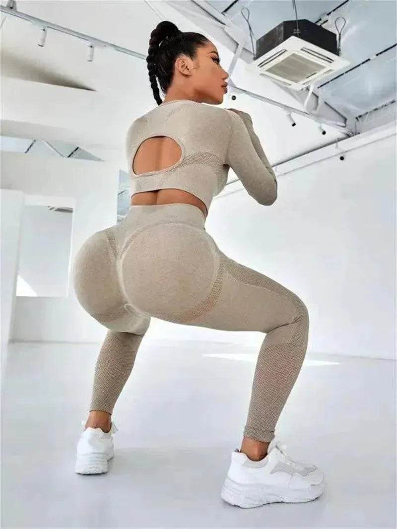 Fitness Leggings Sports Gym Sportswear Outfits Clothing 2pcs Sports Suits Long Sleeve Hollow Design