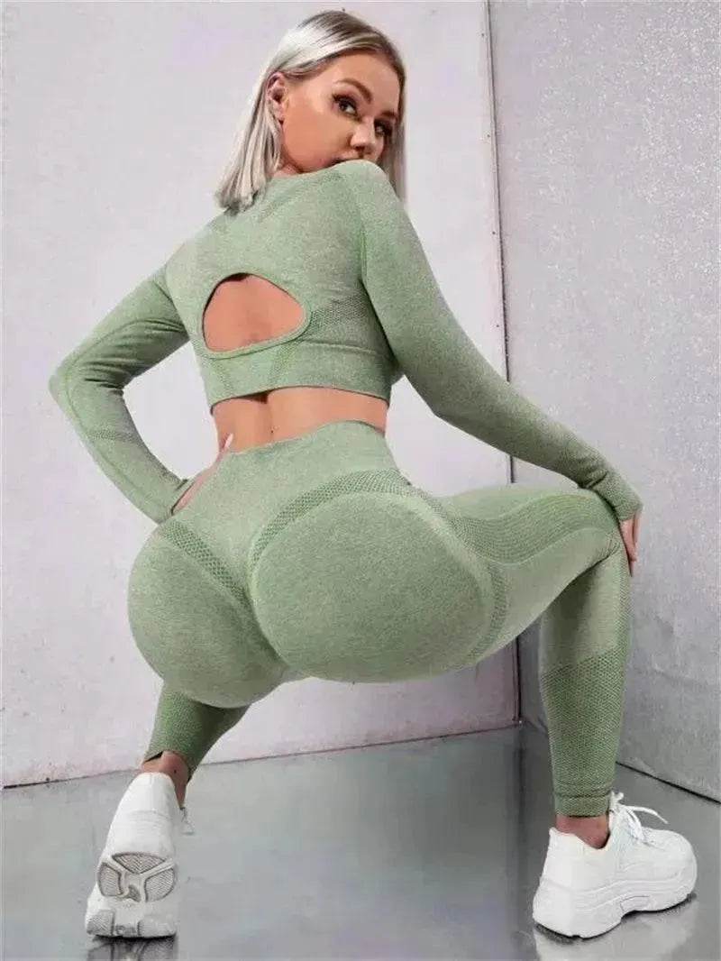 Fitness Leggings Sports Gym Sportswear Outfits Clothing 2pcs Sports Suits Long Sleeve Hollow Design