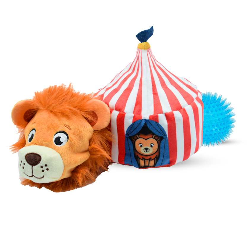 3-in-1 Rip 'n Reveal Circus Tent Dog Toy – Plush, Hidden Lion & Ball
