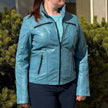 Women's Classic Sheep Leather Jacket. Standing Collar with Studs, 4 Zippered Pockets & Shoulder Accent Stitching
