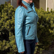 Women's Classic Sheep Leather Jacket. Standing Collar with Studs, 4 Zippered Pockets & Shoulder Accent Stitching