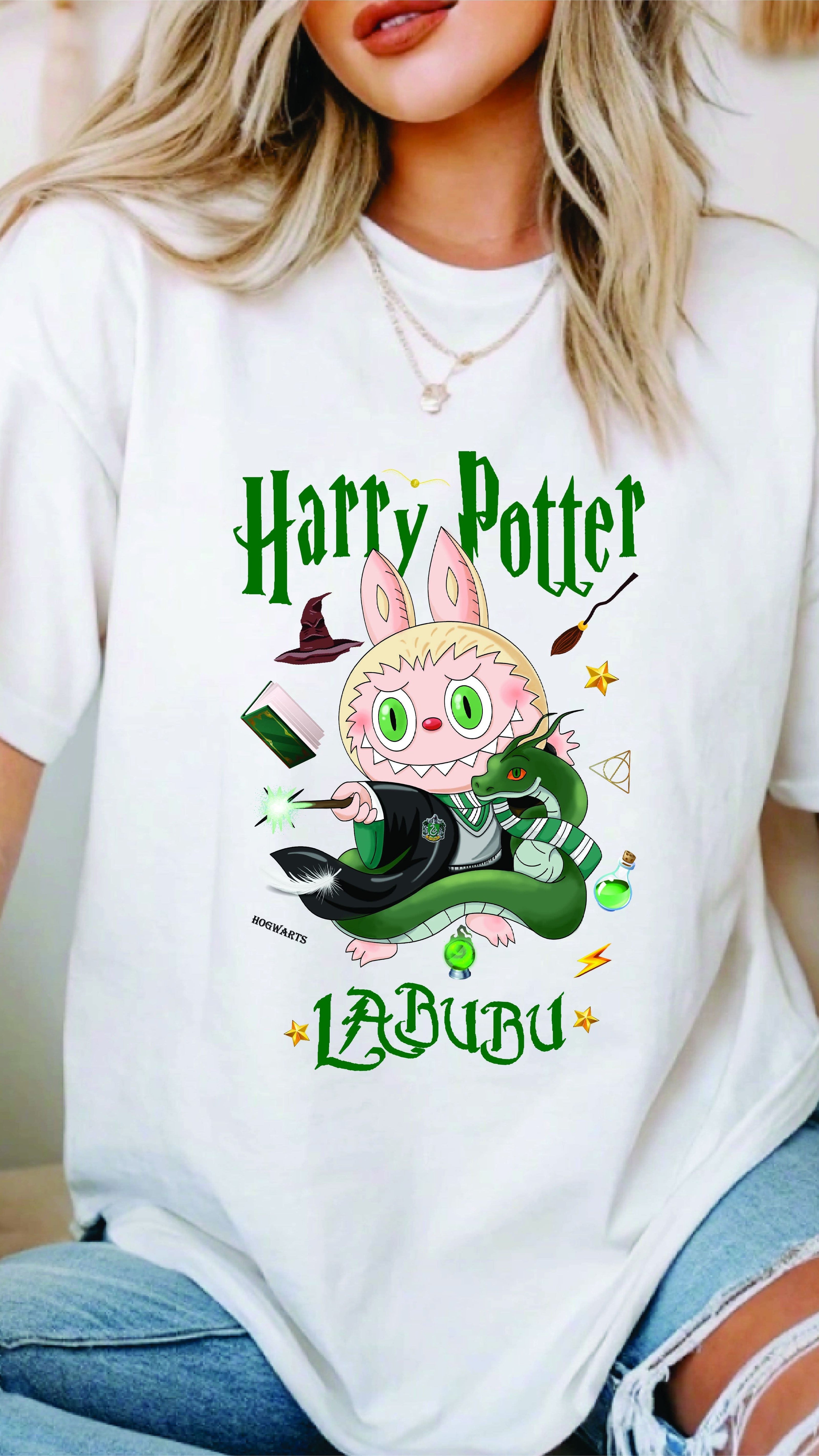 [Adult size] Harry Potter Labubu T-Shirt – Kawaii Wizard Graphic Tee, 100% Cotton
