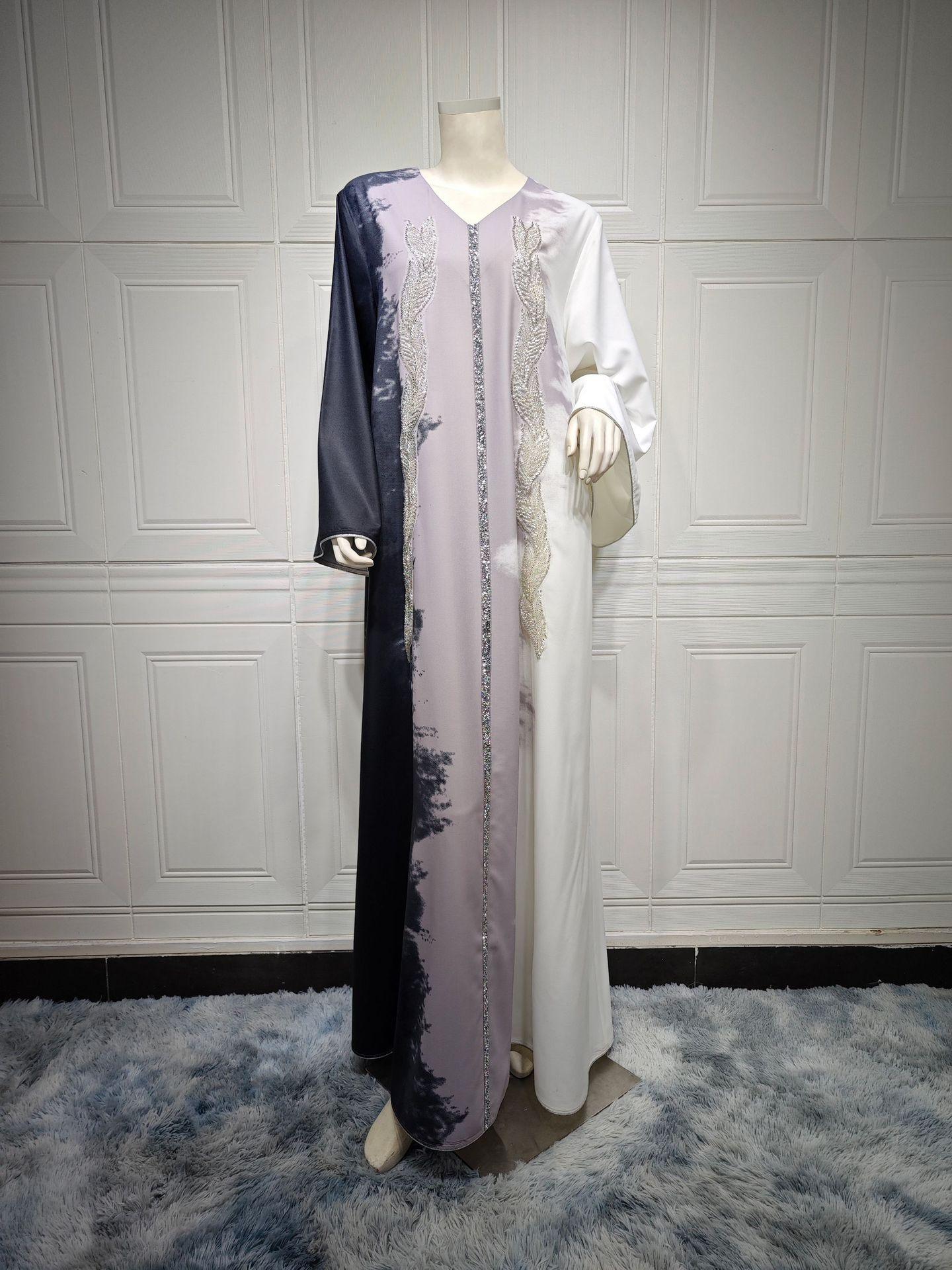 Pearl Embroidery Muslim Dress Tie-dye Rhinestone Robe