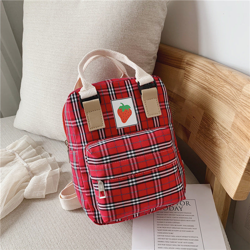 Fashion Mini Cartoon Plaid Children's Backpack – Cute Strawberry Canvas Bag for Kids